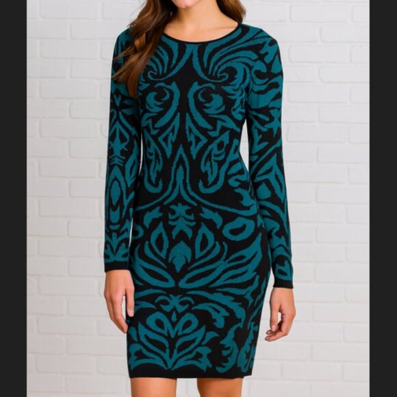 Ronny Kobo Teal & Black Pattern Midi Sweater Dress